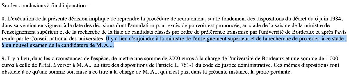 N_Hervieu's tweet image. L'auteur du recours devant le @Conseil_Etat était le candidat classé deuxième. Mais il n'est pas un "local" d'@UnivBordeaux...

Outre l'annulation, il obtient qu'il soit enjoint à @sup_recherche de reprendre la procédure de recrutement &amp;amp; de réexaminer sa candidature.