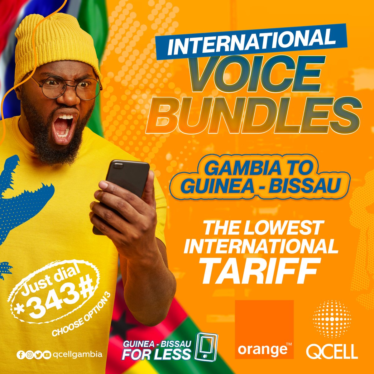 QCell’s international Bundles just got bigger!!
Now can you make calls to Guinea Bissau with the cheapest voice bundle packages in the country.
Dial *343# and choose option 3 to starting enjoying cheaper call tariffs to Guinea Bissau only with Orange network.
 #QCell #SunuBuss