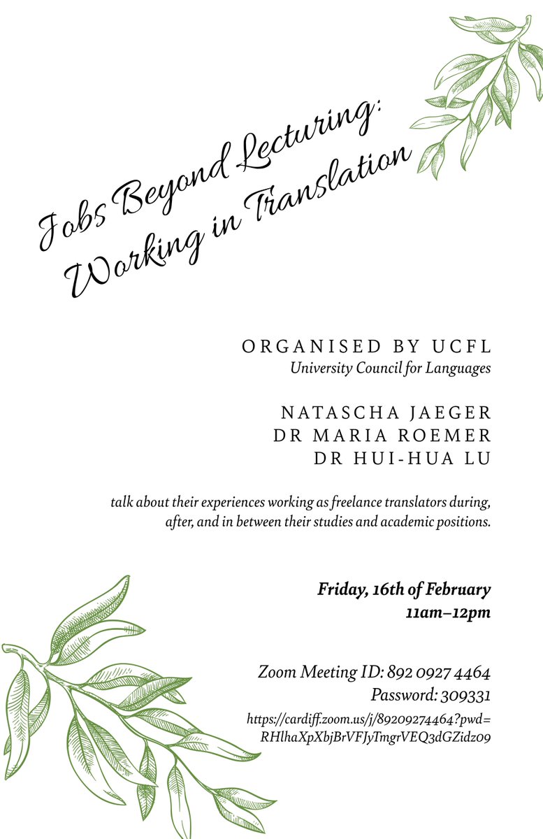 Our next @UCFLangs_ECA event is next Friday 16th February 11am-12pm!

🌟Jobs Beyond Lecturing: Working in Translation🌟

All welcome!
Details below: