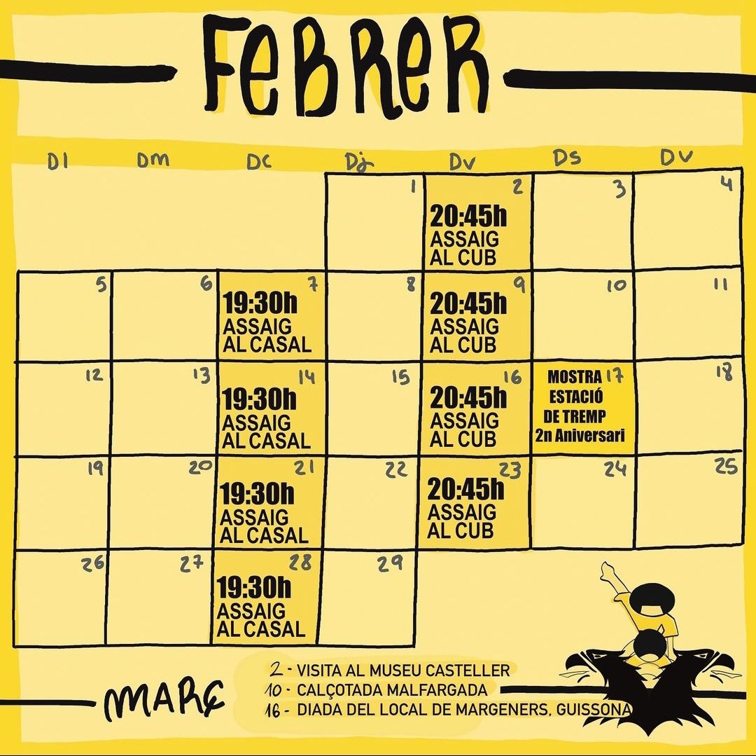 Tornem als assajos i a partir d'avui tornen els assajos dels dimecres. 
Aquest és el nostre calendari per al mes de febrer. Escalfem motors per la nova temporada #castells 

<a href="/trempoli19/">josep torra camarasa</a> <a href="/anna_gironella/">Anna Gironella</a> <a href="/gabrielfollet/">Gabrielfollet</a> <a href="/Floretesdelcamp/">Flors Moreno Aguilar</a> <a href="/mooonly_/">Lluunaa🌙</a> <a href="/xavilongus/">Xavilongus</a> <a href="/AdriaRoset/">Adria Roset</a> <a href="/VikingoStF/">Guillem</a>