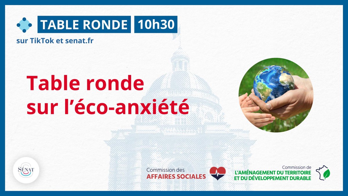 Senat_Direct's tweet image. 🔴 À 10h30, suivez, sur TikTok et notre site, la table ronde sur l&apos;éco-anxiété, organisée par la #ComAfSocSénat (@Mouiller_P) et la #ComDevDurSénat (@jf_longeot).

Avec @CelieMassini, @A_Pelissolo, @sutterpe et Manuela Santa Marina

Le direct :
🎥 videos.senat.fr/direct