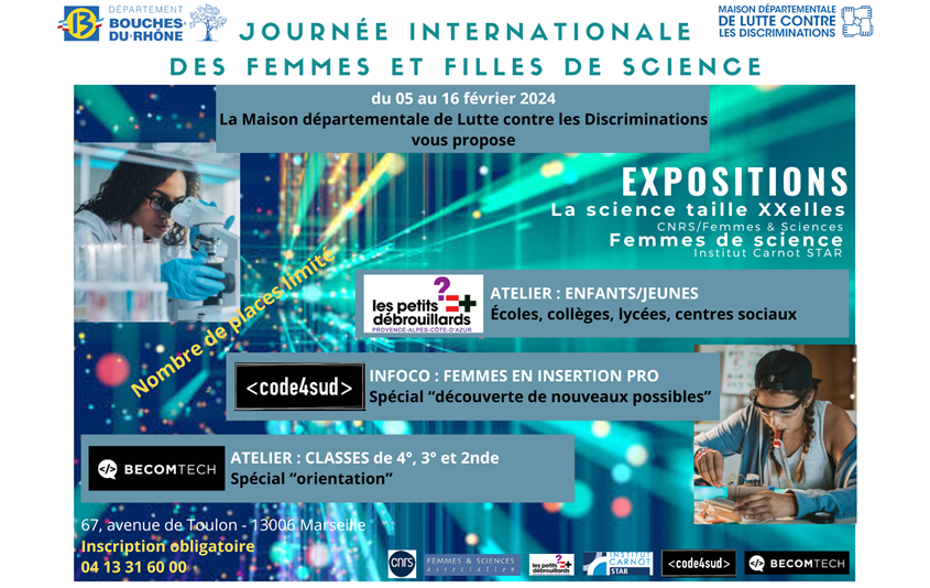 departement13's tweet photo. 👩‍💻👩‍🔬 À l’occasion de la Journée internationale des femmes et des filles de science, la #MDLD de #Marseille vous invite à explorer une série de portraits de femmes scientifiques inspirantes, à participer à des débats enrichissants…

👉 Uniquement sur inscription au 04 13 31 60 00 https://t.co/uofopWPkQu