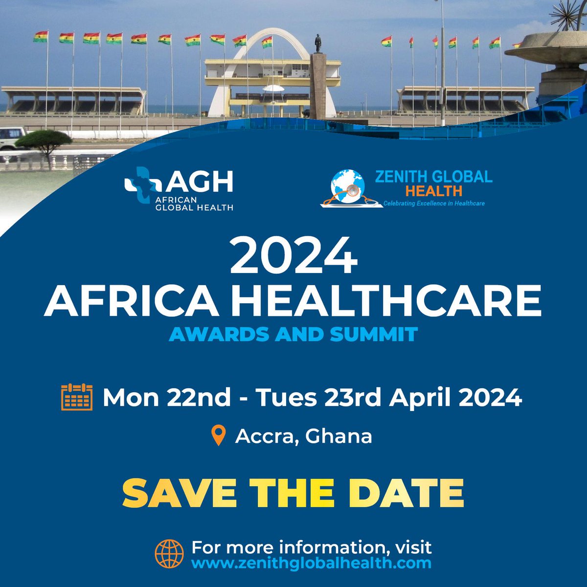 It is happening!👏🎊And we are excited to share that the 2024 Africa Healthcare Awards and Summit will take place in Accra #Ghana Save the date 📅 and watch the space #AHAS2024 #Populationhealth #ClimateAction @CleanAirFund @iamrobotboy @Joy997FM  @healthiconaward @AGlobalHealth