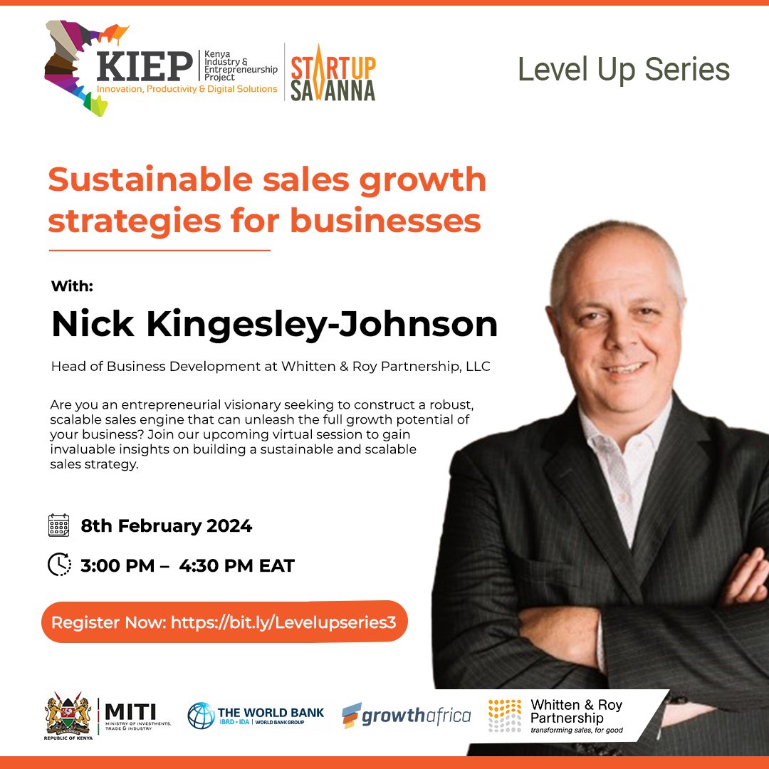 Excited to announce our webinar on "Sustainable Sales Growth Strategies" with Nick Kingesley-Johnson from WRP! Gain insights on building a scalable sales engine and unlocking business growth.
🗓️ Feb 8th, 2024 
🕒 3:00 PM EAT 
Register: bit.ly/Levelupseries3