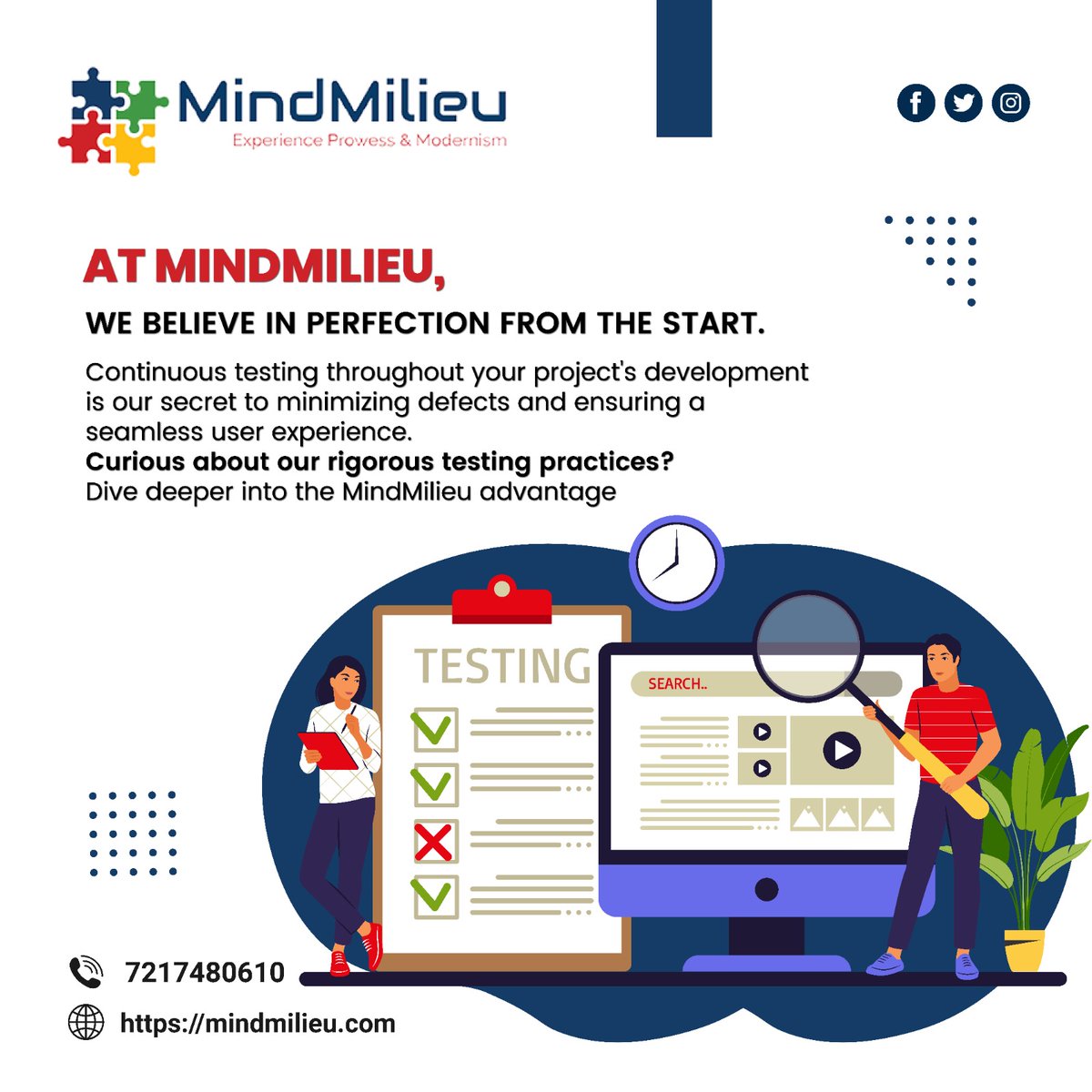 🔍 MindMilieu advantage: Our continuous testing ensures your project's perfection from start to finish. Experience seamless user journeys and minimal defects.
.
.
 #QualityAssurance #TestingProtocols #FlawlessExecution #TechInnovation #CustomerSatisfaction #SeamlessPerfection