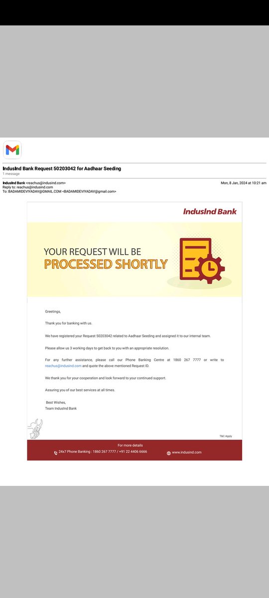 Badamidevi1954's tweet image. @IndusIndBankCC,

25 days of waiting, countless assurances, and still no resolution on my Aadhar seeding issue. As a senior citizen, the delay is deeply distressing. Your lack of action is appalling. Urgently address this matter! #IndusIndBank #CustomerServiceFailure