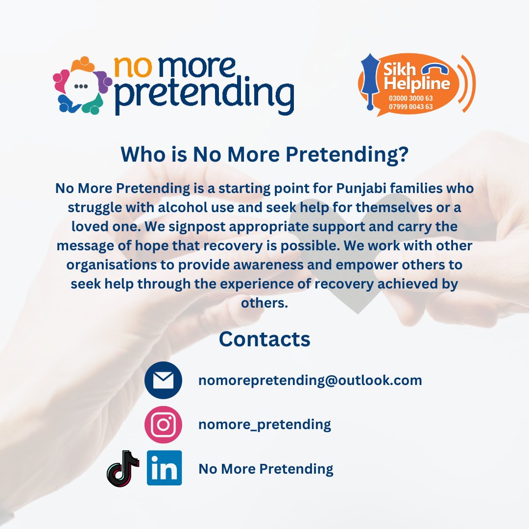 @nomore_pretending is a starting point for Punjabi families who struggle with alcohol use and seek help for themselves or a loved one. Reach out to No More Pretending today for support.

#sikhhelpline #alcoholaddiction #support #nonjudgemental