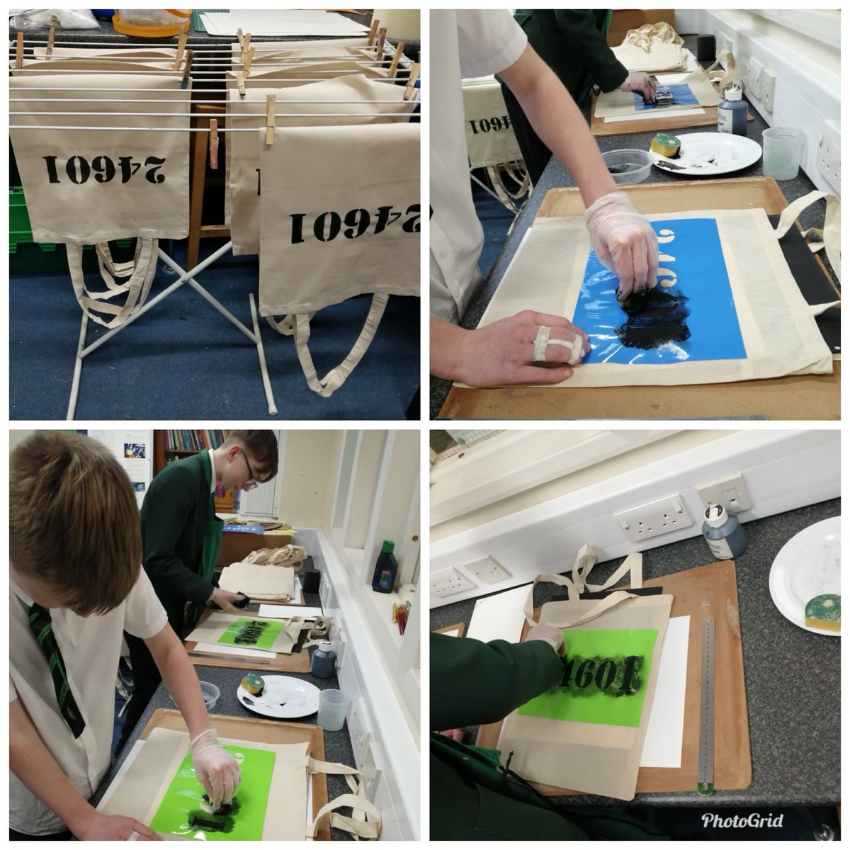 Staffaburdon's tweet photo. Look at these amazing tote bags pupils are producing  for Les Miserables . They will go like hot cakes . Huge thanks to Pam Flack . https://t.co/80tRGSIxZb