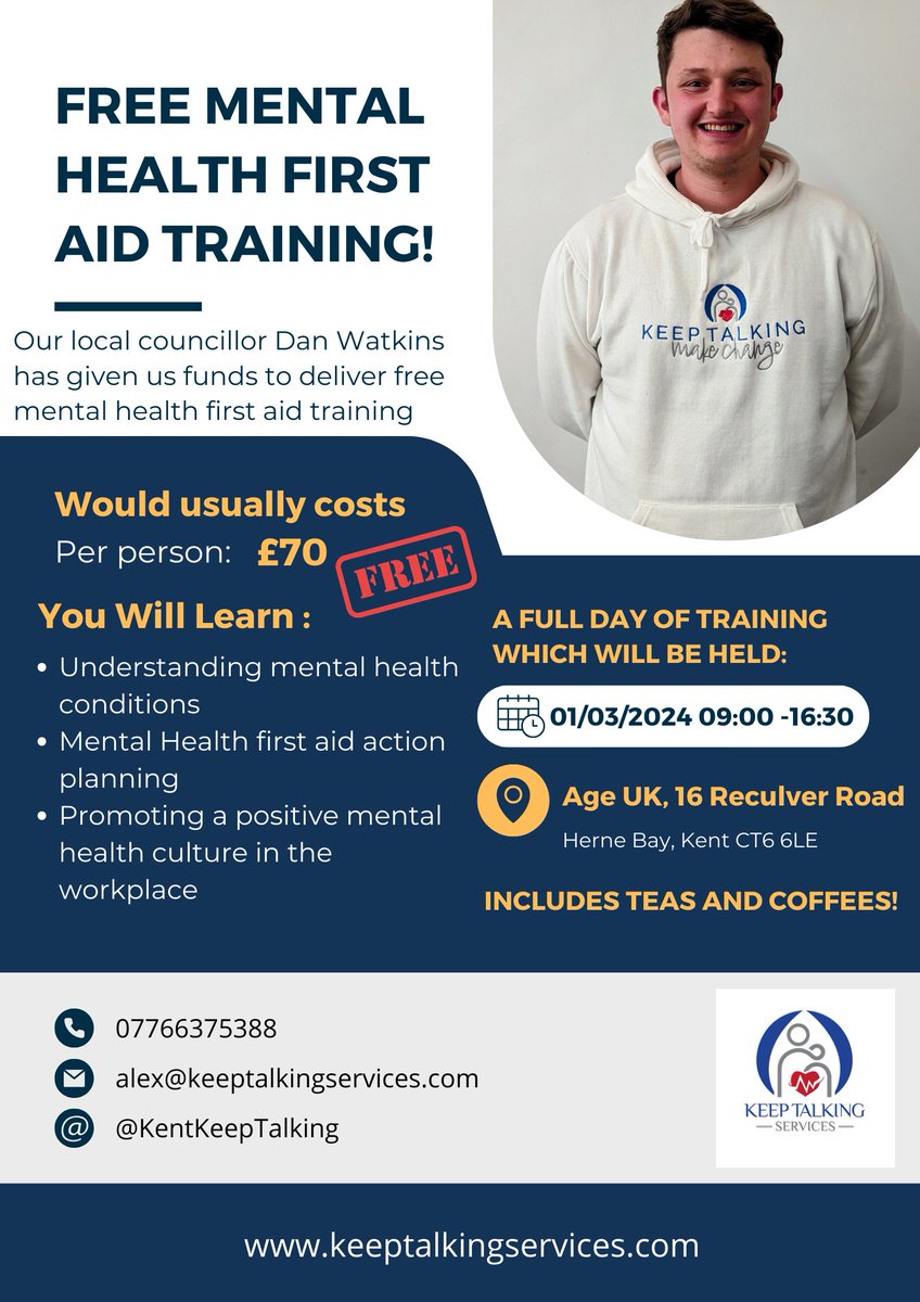 Keep Talking Services (@kentkeeptalking) on Twitter photo #FREE Mental Health First Aid training.
Are you a local business or charity looking to become more mental health aware? Fancy some free training?
Email Alex on alex@keeptalkingservices.com #FREE Mental Health First Aid training.
Are you a local business or charity looking to become more mental health aware? Fancy some free training?
Email Alex on alex@keeptalkingservices.com