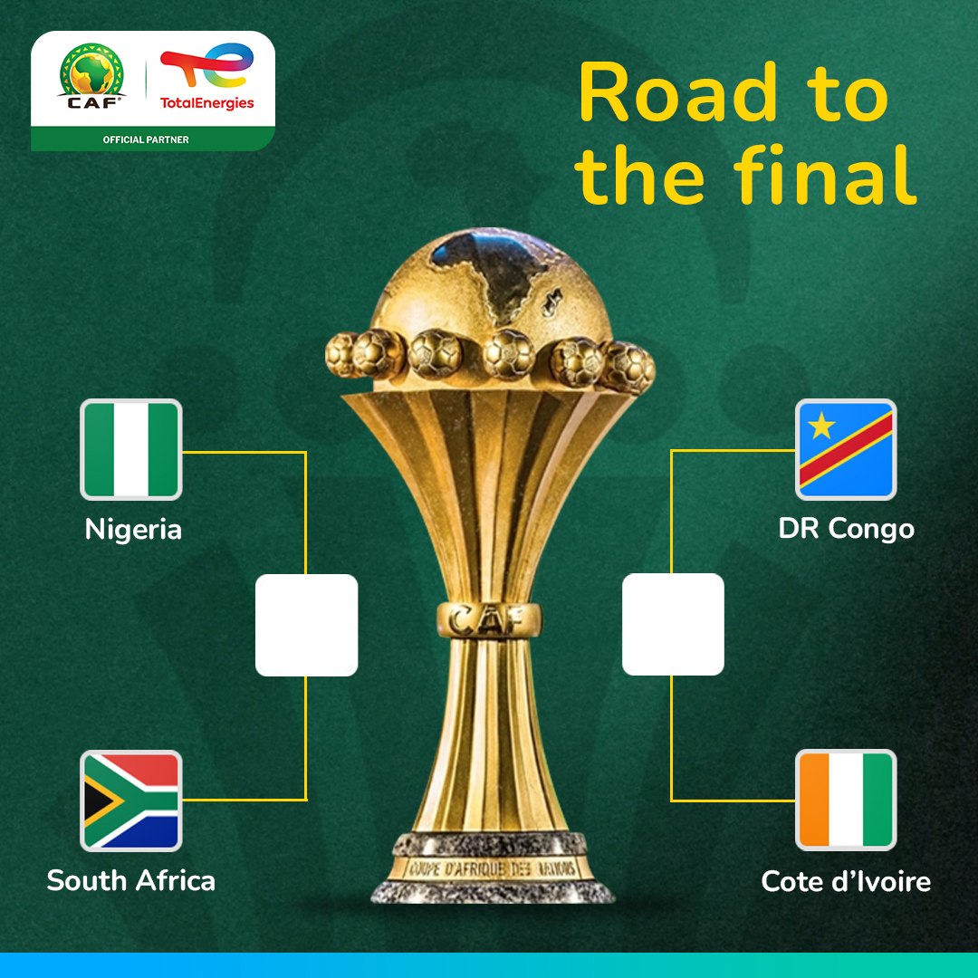 TotalEnergiesZA's tweet photo. Semi-final time in the TotalEnergies Africa Cup of Nations! South Africa vs Nigeria and Cote d'Ivoire vs DR Congo. Who will make it to the final? Comment your predictions! 🏆🔥 #AFCON2022 https://t.co/iwRGrCe97e