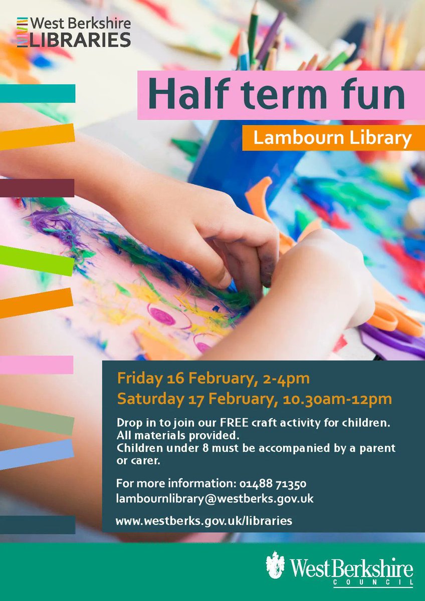 WBerksLibraries's tweet photo. Half term fun at #Lambourn Library: drop in Friday 16 February, 10.30am-12pm, to take part in a FREE craft activity for children. All materials will be provided. https://t.co/fR8ACq9KDF