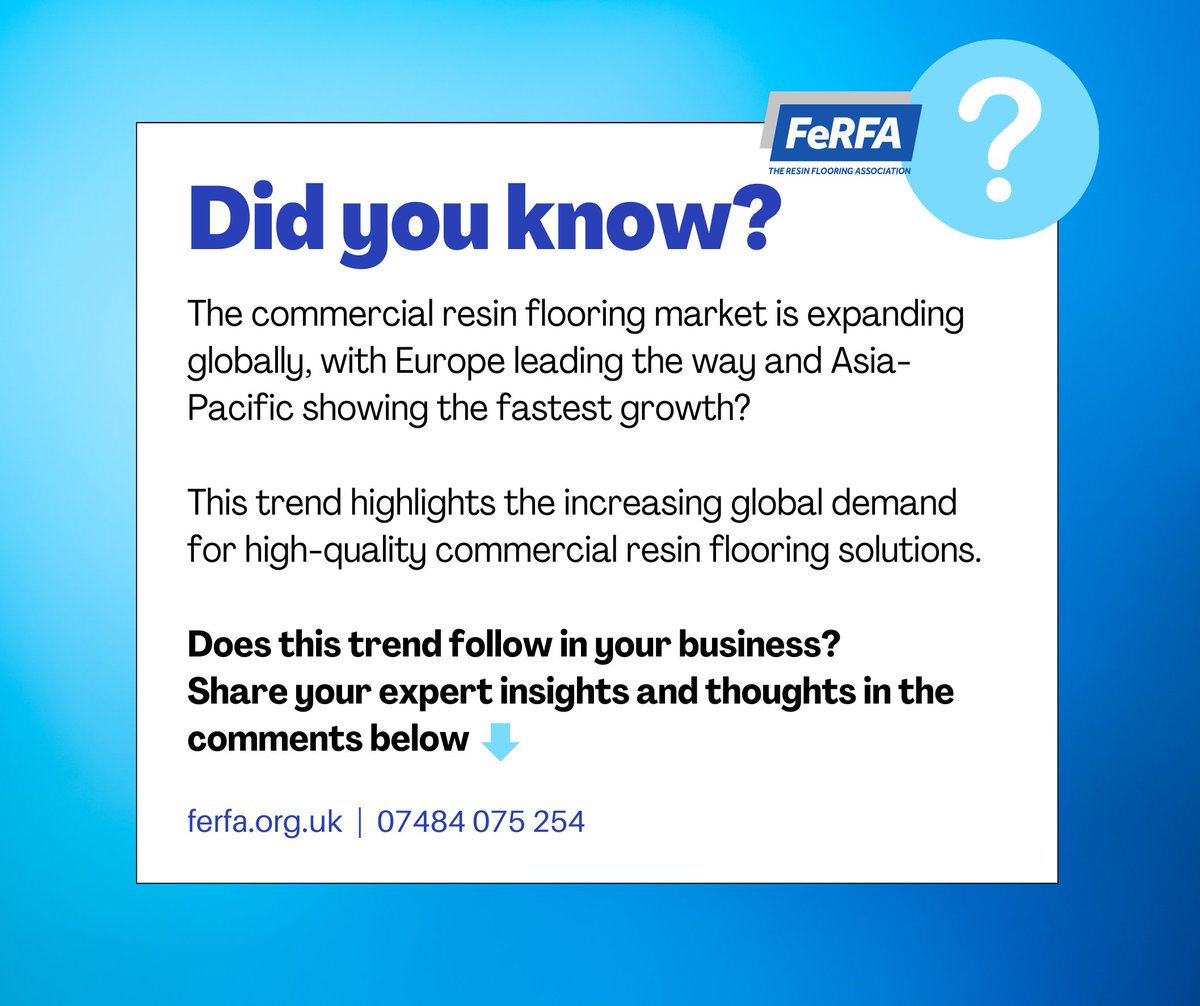 The world wants Resin Flooring 🌍
Europe leads, Asia-Pacific grows fastest, showing a surge in demand for quality commercial resin flooring.
Manufacturers... Is this trend mirrored in your business? We'd love to hear your insights! 
#GlobalFlooringTrends #ResinFlooring