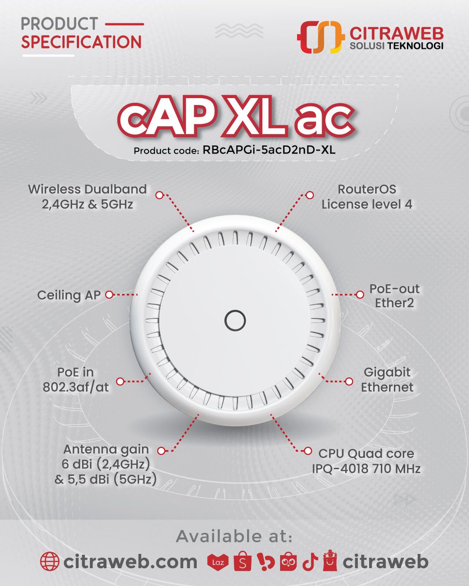 citraweb_com's tweet image. MikroTik cAP XL ac (RBcAPGi-5acD2nD-XL) merupakan perangkat #WirelessIndoor yang memiliki antenna jenis Omnidirectional dengan antena dual band MIMO 2.4 GHz (6 dBi) dan 5 GHz (5,5 dBi).

Dapatkan melalui Website dan Marketplace Toko Citraweb:
🛒citraweb.com/produk/901/

#cAPXLac