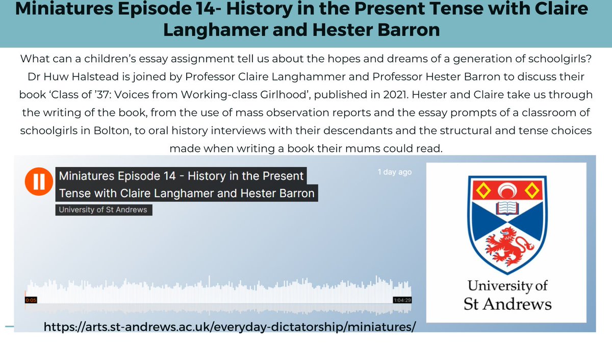 EDP_UStA's tweet image. 🎙️New Miniatures Alert🎙️ 

Happy belated Miniatures Monday! For our first episode of 2024, @DrabbleHistory is joined by @ClaireLanghamer and Hester Barron to discuss their book, Class of 37: Voices from Working-Class Girlhood (2022). Don&apos;t miss this!
soundcloud.com/university-of-…