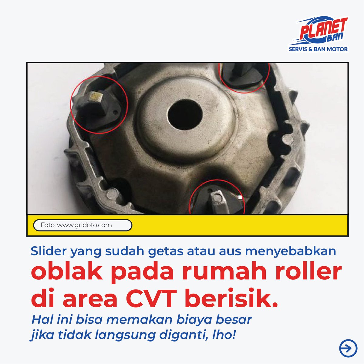 Tarikan berat dan mesin berisik bikin bahaya pengendara?!😱

Jika dibiarkan terlalu lama, akan merembet ke komponen yang lainnya lho. Dan hal tersebut tentunya membahayakan pengendara ya, Planeters! Maka dari itu, selalu cek dan ganti part roller &amp; slider di Planet Ban terdekat~