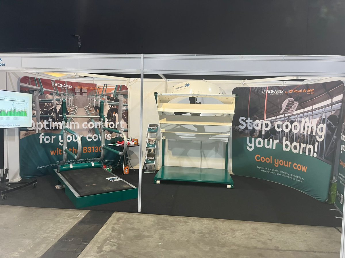 All set up <a href="/Dairy_TechUK/">Dairy-Tech</a>! Since the merger of <a href="/VES_Artex/">VES-Artex</a> and @RoyaldeBoer we are displaying today the B3130 cubicle and the ECV Fan. Stop in 👍