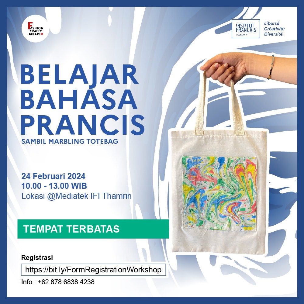 IFI_Indonesia's tweet photo. Tertarik belajar bahasa Prancis sambil mengeksplorasi dunia Fashion? Yap! waktunya kamu bergabung di One Day Workshop Marbling Totebag bersama Fashion Crafty Jakarta & IFI. Di sana kita akan belajar Marbling Technique & juga Bahasa Prancis!
See you Craftiers! #marblingworkshop https://t.co/uiK9dxX66O