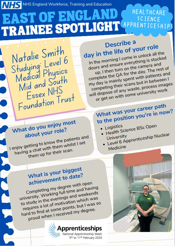 East of England Healthcare Science Network (@eoe_hcs_network) on Twitter photo Introducing Natalie Smith, our fabulous #apprentice from <a href="/MSEHospitals/">Mid and South Essex NHS Foundation Trust</a> in Medical Physics ☢️🩻
She's juggled it all, we're so proud of her!
Check out her journey ⤵️⤵️
#HCS #NAW2024 <a href="/melaniebryce11/">⭐Melanie Bryce💙</a> <a href="/HASOEngland/">Healthcare Apprenticeships</a> <a href="/NHSHEE_EoE/">NHSE Workforce, Training and Education – EoE</a> <a href="/WeHCScientists/">NHS Healthcare Science</a> <a href="/HealthCareersUK/">NHS Health Careers</a> <a href="/EoEHSTN/">EoEHSTN</a> <a href="/NSHCS/">National School of Healthcare Science</a> Introducing Natalie Smith, our fabulous #apprentice from <a href="/MSEHospitals/">Mid and South Essex NHS Foundation Trust</a> in Medical Physics ☢️🩻
She's juggled it all, we're so proud of her!
Check out her journey ⤵️⤵️
#HCS #NAW2024 <a href="/melaniebryce11/">⭐Melanie Bryce💙</a> <a href="/HASOEngland/">Healthcare Apprenticeships</a> <a href="/NHSHEE_EoE/">NHSE Workforce, Training and Education – EoE</a> <a href="/WeHCScientists/">NHS Healthcare Science</a> <a href="/HealthCareersUK/">NHS Health Careers</a> <a href="/EoEHSTN/">EoEHSTN</a> <a href="/NSHCS/">National School of Healthcare Science</a>