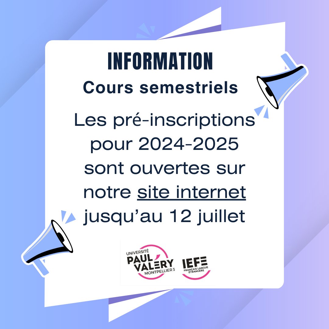 ℹ️ Information - Cours semestriels :
Les pré-inscriptions sont ouvertes sur notre site internet jusqu'au 12 juillet. 
Vous pourrez vous pré-inscrire au bureau I08 à partir de lundi 12/02.