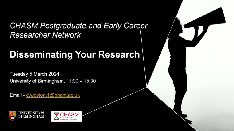 Our first CHASM PGR and ECR Network event of 2024, focusing on research dissemination, will be on Tuesday 5th March! We're delighted to welcome @DanSWilliamson, @CentreForCare, to present the morning session! birmingham.ac.uk/research/chasm… #PGR #ECR @ECARS_BhamUni @CoSS_Birmingham