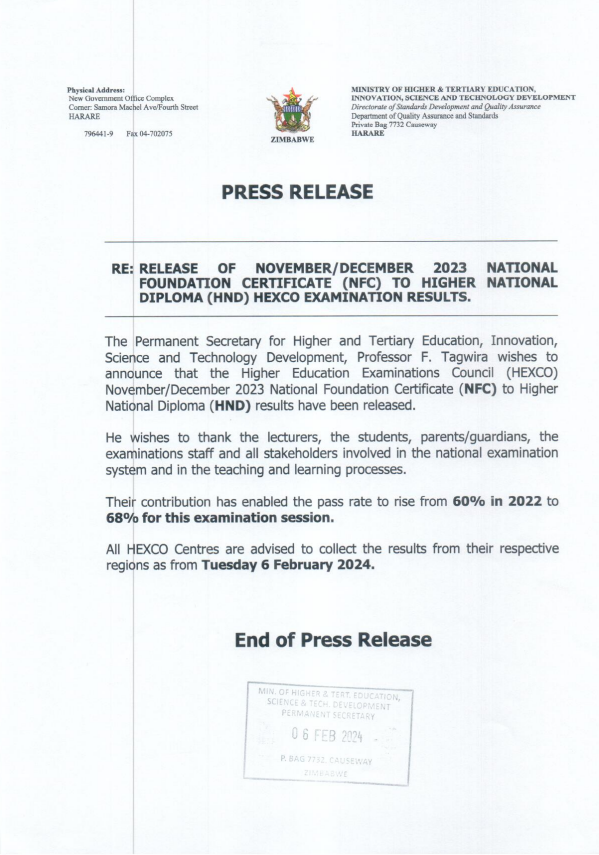 Notice: Release of November/December 2023 National Foundation Certificate (NFC) to Higher National Diploma (HND) HEXCO Examination Results. @ZBCNewsonline @StarfmZimbabwe @HeraldZimbabwe