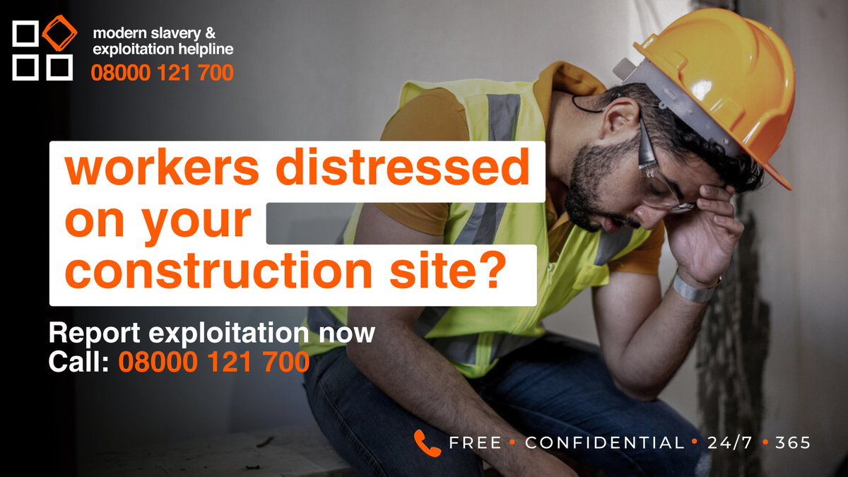 MSHelpline's tweet photo. #Construction site managers: are workers avoiding eye contact, not speaking freely, appearing fearful, or hesitant to work with others? Trust your gut. Potential exploitation could be taking place. Report your suspicions to our free, confidential, 24/7 Helpline: 08000 121 700 https://t.co/Lo2lSPZ9Y8
