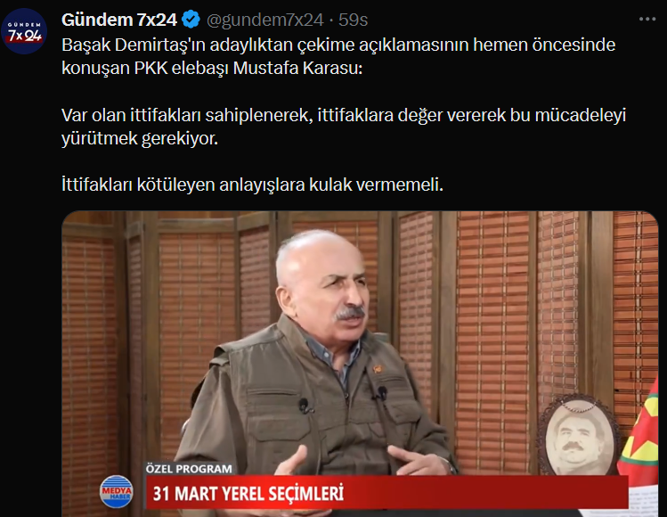 AK Parti'nin seçimler için kullandığı sosyal medya hesabı, PKK terör örgütü elebaşı Mustafa Karasu'nun propaganda videosunu paylaştı:
