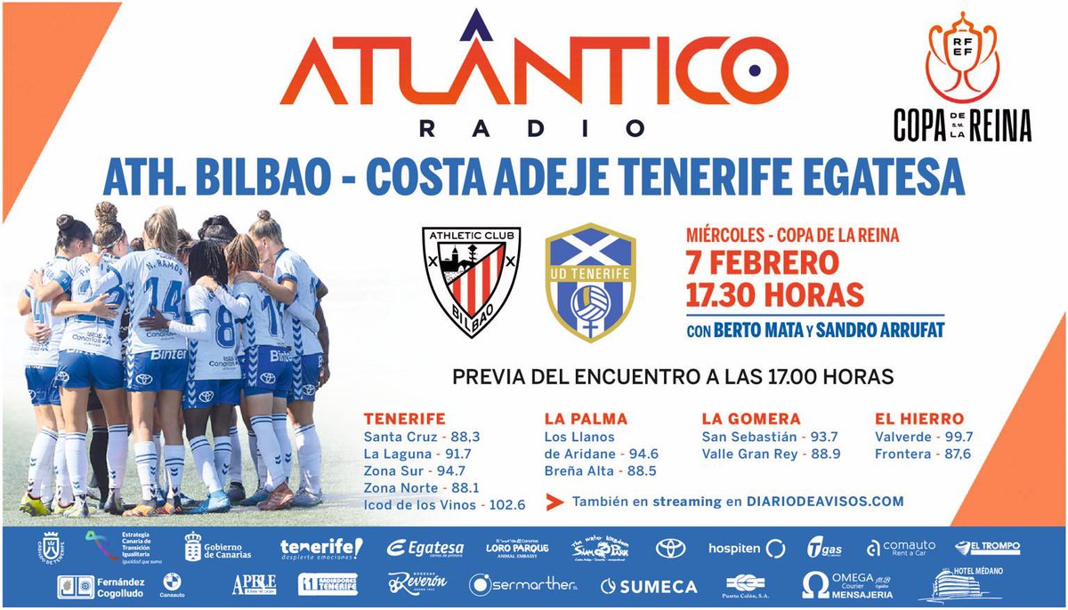 🚨 ¡𝗠𝗔𝗧𝗖𝗛 𝗗𝗔𝗬! 🚨

⚽️ <a href="/AthleticClubFem/">Athletic Club</a> - @UDCATenerife 

🏟️ Lezama 
⏰ 17:30h. (17:00 en directo)
🏆 Cuartos de Final, #CopaDeLaReina 

🎙️ <a href="/mata_berto/">Berto Mata</a>  
🎙️ <a href="/sandroarrufat/">Sandro Arrufat</a> 
🗣️ <a href="/Javidelgado1977/">Javi Delgado</a> 

📻<a href="/atlantico_radio/">Atlántico Radio</a> 
📲 APP y TDT
💻 diariodeavisos.com 
📩 651 37 37 37