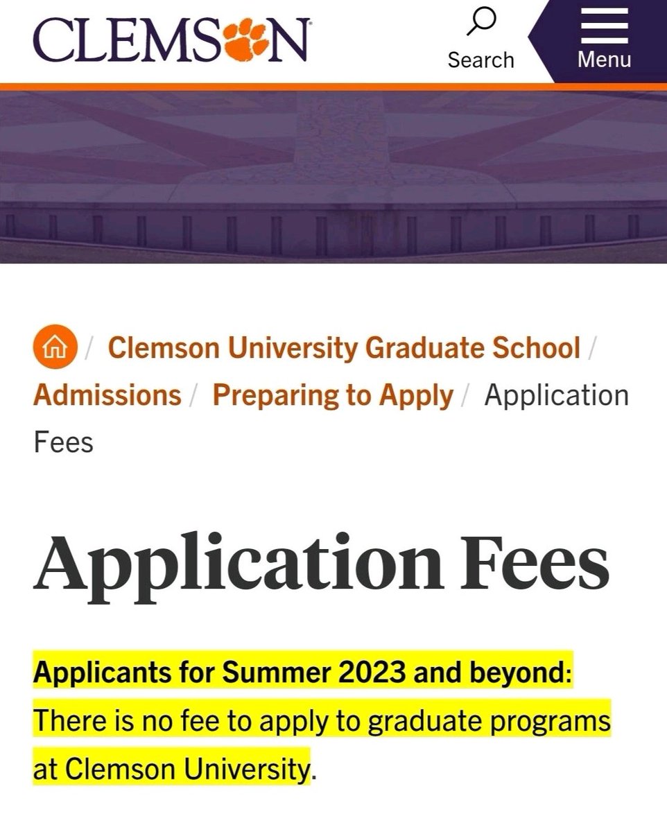 Apply ASAP to Clemson University USA🇺🇸 for free
No application fee attached.
No IELTS Required. ( for applicants from English speaking countries)
Scholarship available and
Funding available for graduates/ Masters in form of  GTA /GRA also
PhD programs have a lot of guaranteed