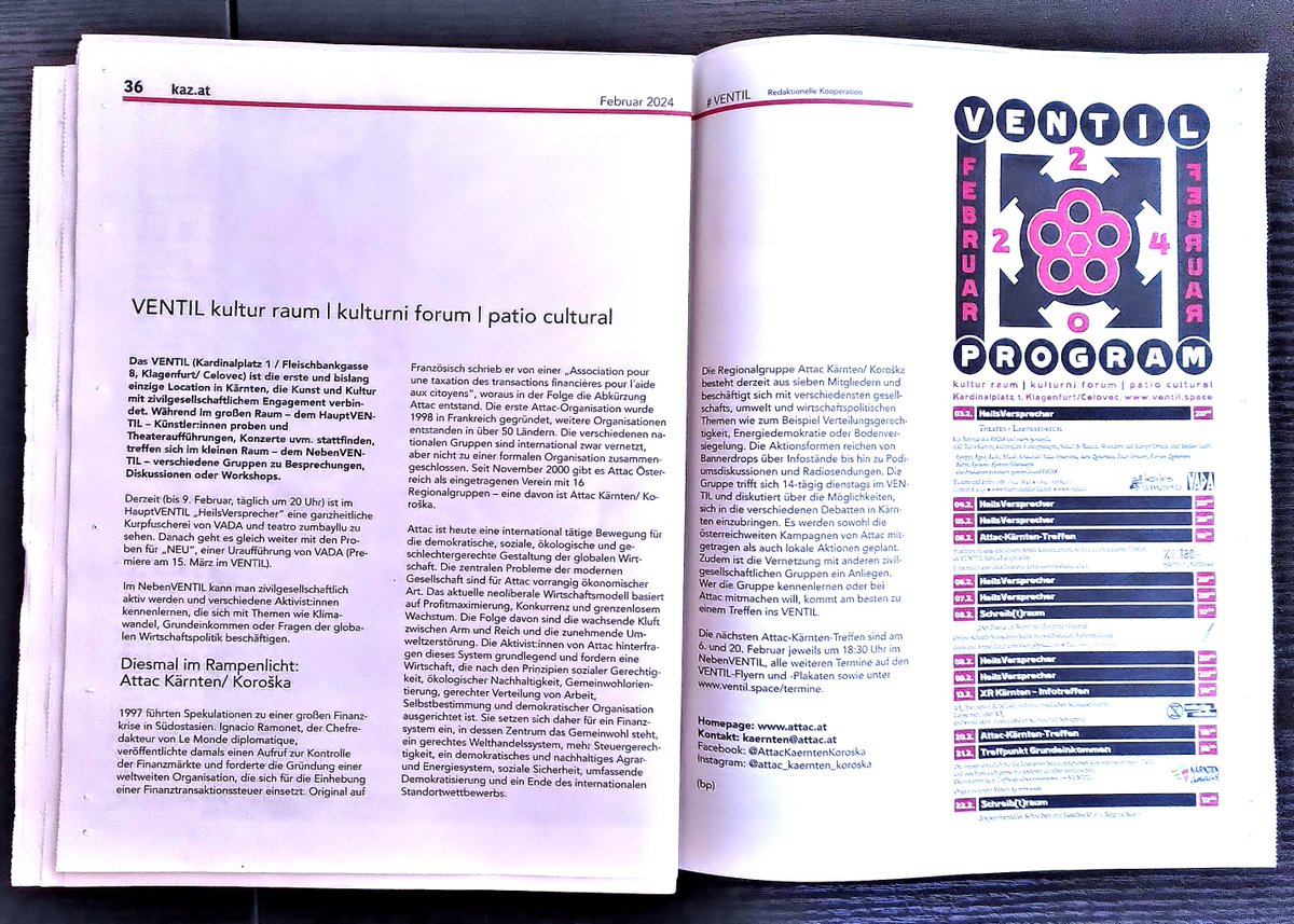 Habt ihr schon die aktuelle <a href="/kaz_zeitung/">kaz.</a> gekauft? Es lohnt sich - nicht nur wegen der 2 Seiten über unser #VENTIL!

#kunst #kultur #zivilgesellschaft #theater #klagenfurt #celovec #kärnten #koroŝka