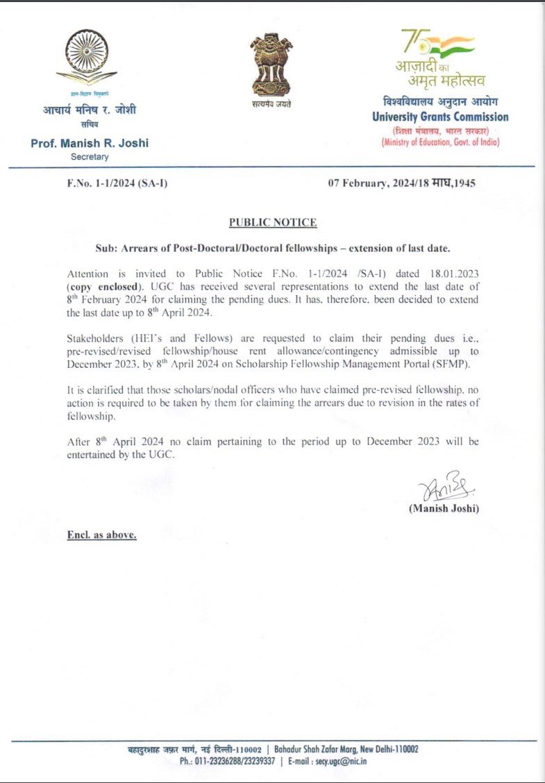 On February 3, <a href="/ABVPVoice/">ABVP</a> had demanded <a href="/ugc_india/">UGC INDIA</a> to provide a more extended deadline for application at the university level to the scholarship fellowship management portal. As a result, the deadline has been extended by UGC till 8 April 2024. ABVP welcomes this prompt action of