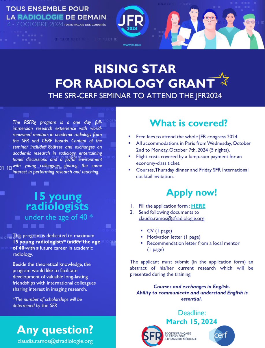 Calling young radiologists passionate about research and fluent in English! 'Rising Star For Radiology Grant (RSFRg)' program. Selected candidates join a special research day during JFR2024. Apply now! 👉 ow.ly/UGN050QyEek 🚀 #RadiologyResearch #JFR2024