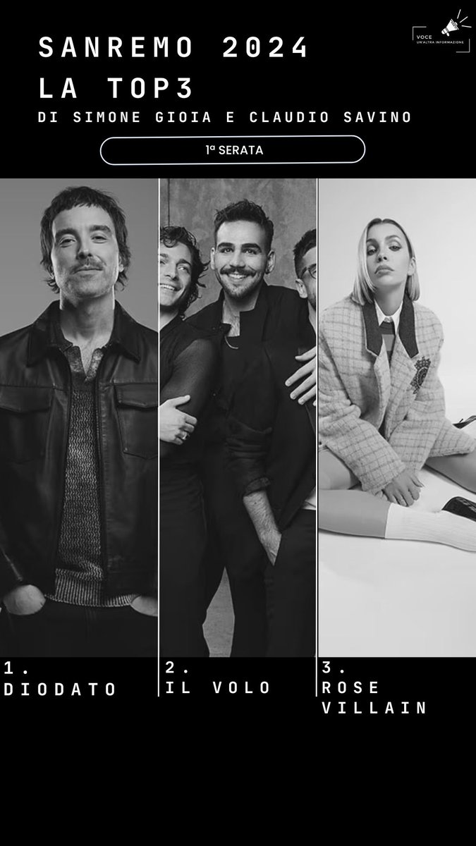 Voceunaltrainfo's tweet photo. La nostra top 3 della prima serata del Festival di #Sanremo2024 a cura di @SimoneGioia96 e @claudio_savino #Diodato #IlVolo #RoseVillain https://t.co/HZY2h0eoEp