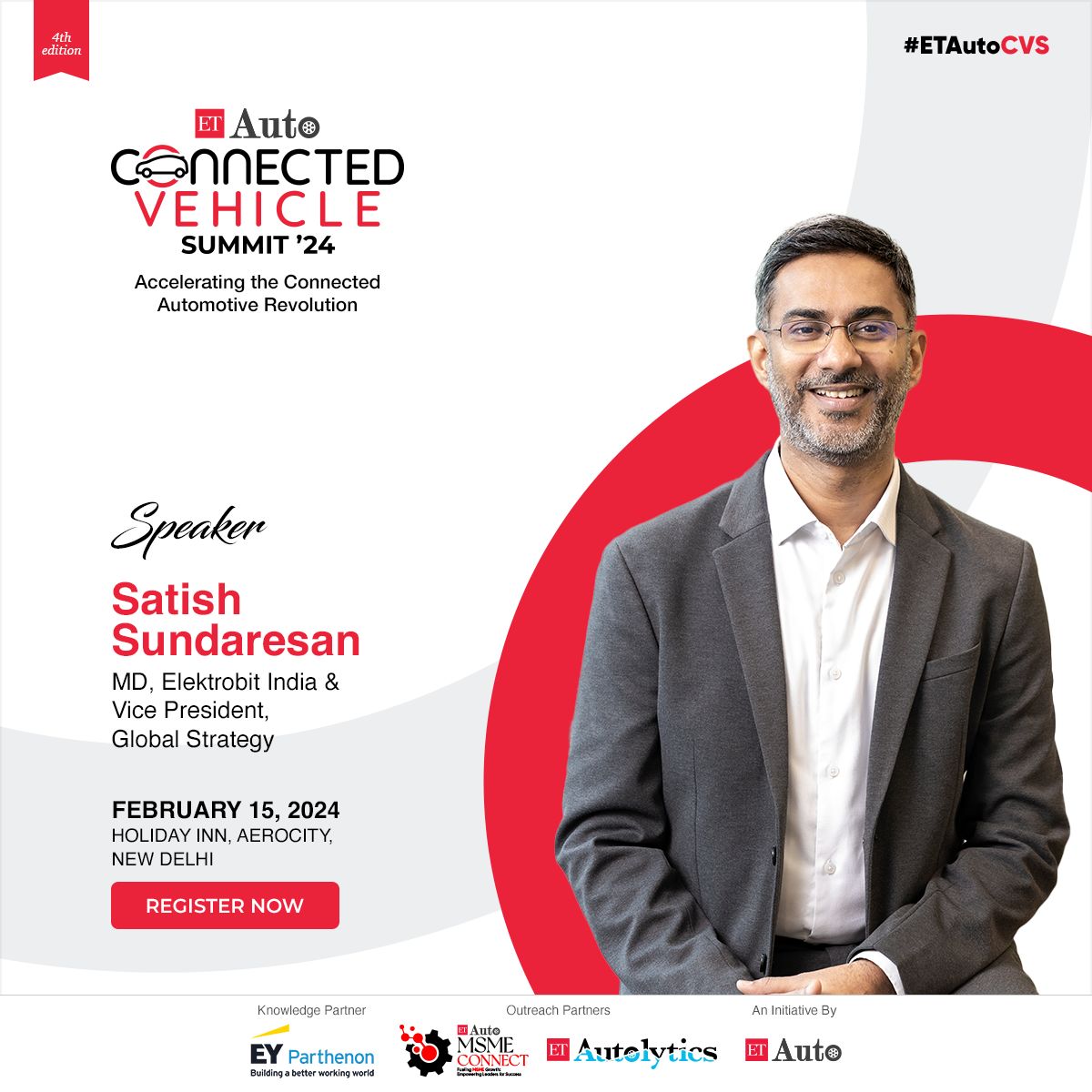 Presenting our eminent speaker for #ETAutoCVS, Satish Sundaresan, MD, @_Elektrobit India & Vice President Global Strategy. Register Now - bit.ly/4737XtH #ETAuto #ETAutoCVS #ConnectedVehicles #AutomotiveInnovation #IoTinAuto #Sustainability #IntelligentMobility