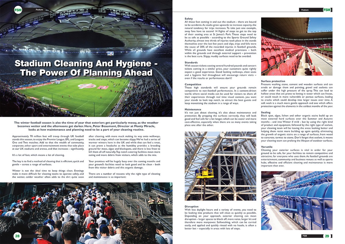 Latest Issue📰: Stadium Cleaning And Hygiene – The Power Of Planning Ahead

By Peter Beaumont, Director at Monty Miracle

➡️fsm-online.co.uk/features/3146
<a href="/MontyMiracleUK/">Monty Miracle</a>
#stadium #cleaning #hygiene #maintenance #planning #safety #standards