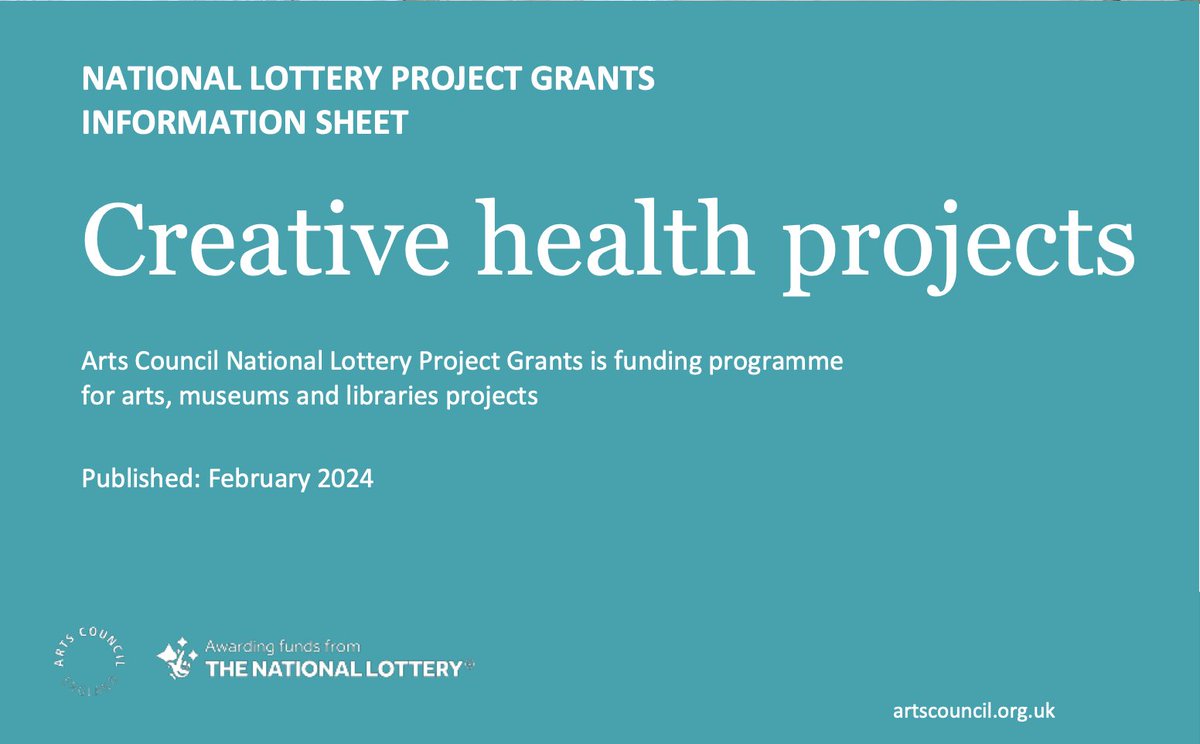 Great to see this new @ace_national 'Creative Health Projects' information sheet. artscouncil.org.uk/sites/default/…

Lots of useful info & support if you are interested in applying for a Arts Council National Lottery Project Grant for a #CreativeHealth project.    
artscouncil.org.uk/ProjectGrants