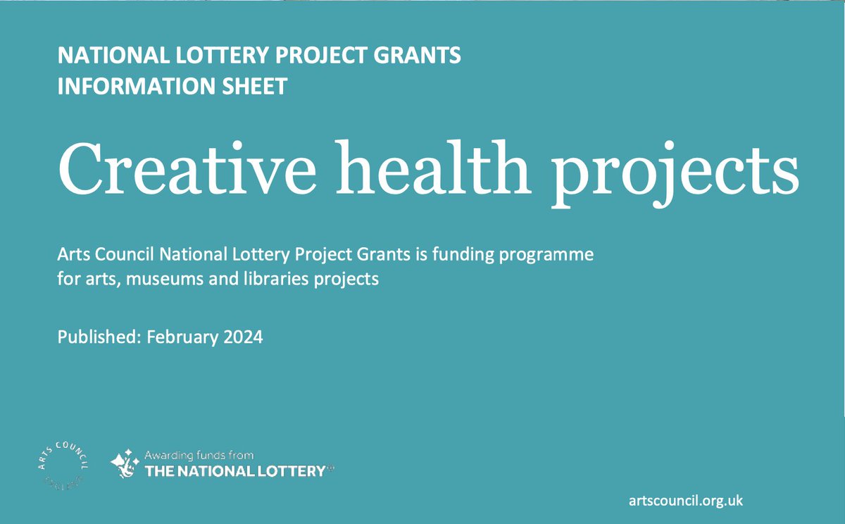 Great to see this new <a href="/ace_national/">Arts Council England</a> 'Creative Health Projects' information sheet. artscouncil.org.uk/sites/default/…

Lots of useful info &amp; support if you are interested in applying for a Arts Council National Lottery Project Grant for a #CreativeHealth project.    
artscouncil.org.uk/ProjectGrants