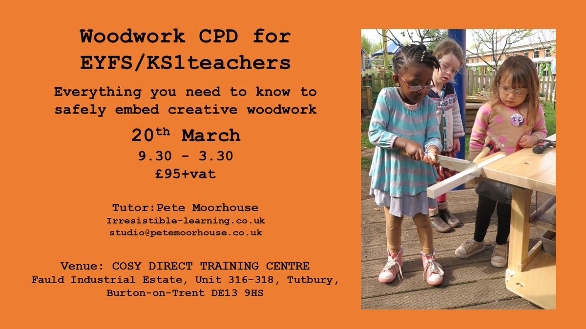 An opportunity for in-person woodwork CPD in the midlands hosted by @cosydirect Open to all - suitable for EYFS and KS1. For more information and booking see: bit.ly/3Rhq5do