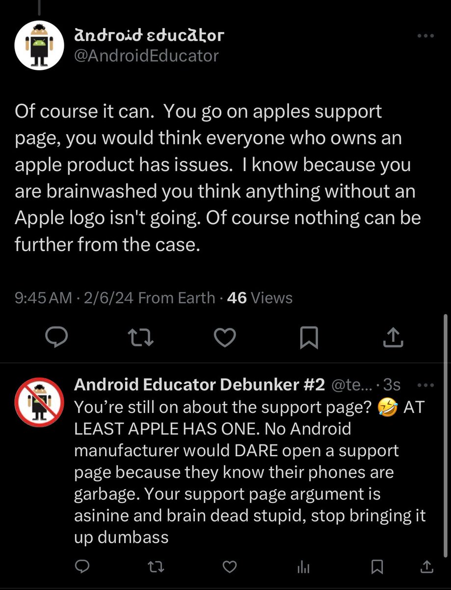 techpro76's tweet photo. @AndroidEducator @AndroidEducator LOVES to mention Apple’s support page. He has no idea that Apple products have so few problems, that Apple can actually help them everybody. He chooses to ignore the fact that Android manufacturers DON’T HAVE ONE. Why? Because Android has so many problems. 🤣🤡 https://t.co/cu1yTDHapG