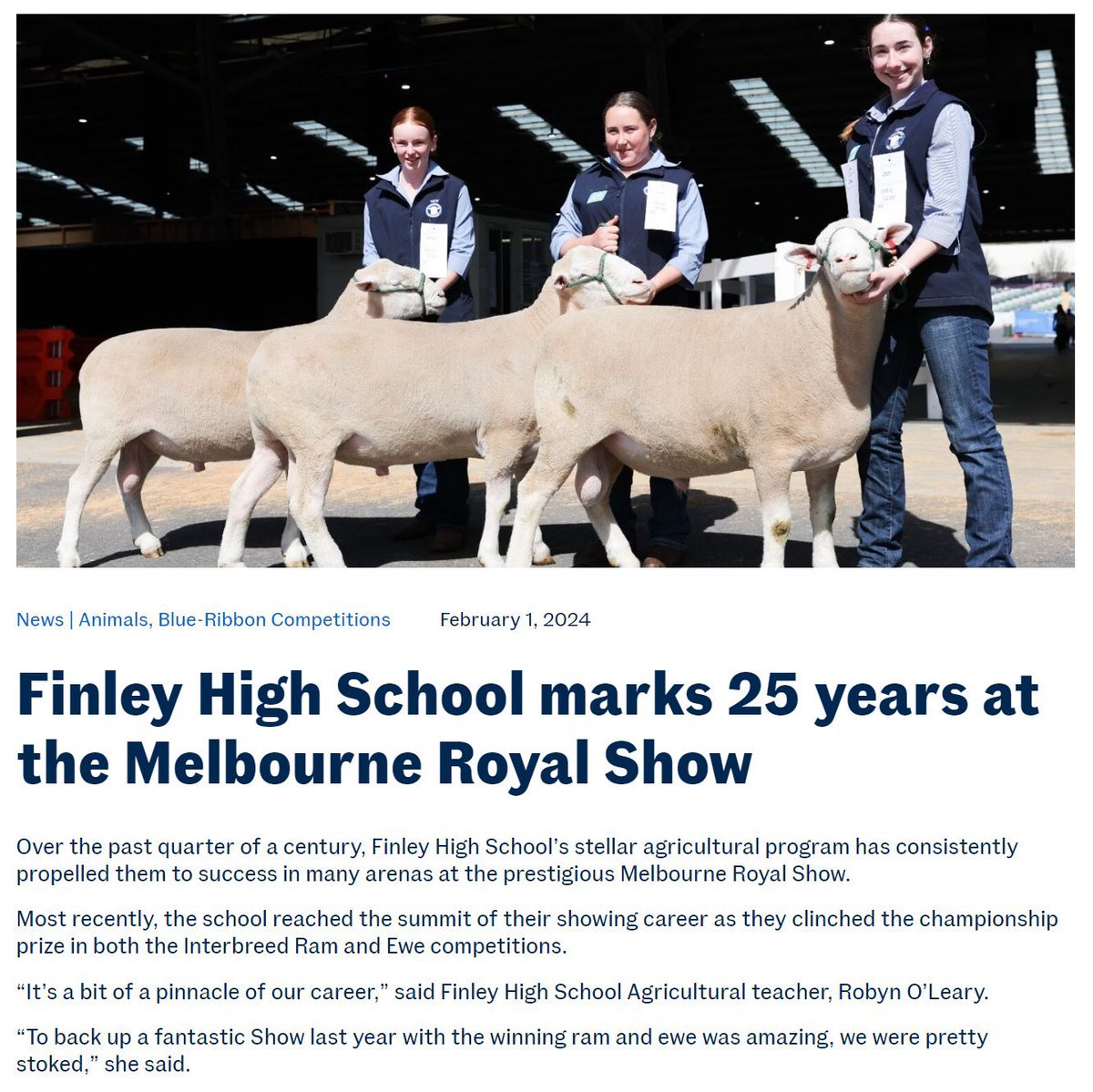 dizdarm's tweet photo. Finley HS marks 25 years at the @MelbRoyalShow with their stellar agricultural program consistently propelling them to success. Most recently they won the Interbreed Ram &amp; Ewe championship prizes. Well done to the students &amp; teacher, Robyn O'Leary! https://t.co/h2xFUcDT30 https://t.co/L6TPNzYd9o