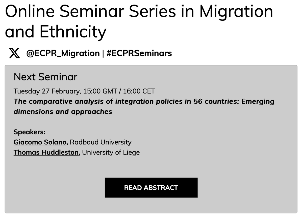 📢Join our @ECPR webinar to discuss #integration, #policies in 56 countries, with: ➡️*Giacomo Solano* (@RadboudNSM) ➡️*Thomas Huddleston* (@UniversiteLiege) When? 📅27/Feb/2024 at 16h00 CEST Register & More info: ecpr.eu/Events/165