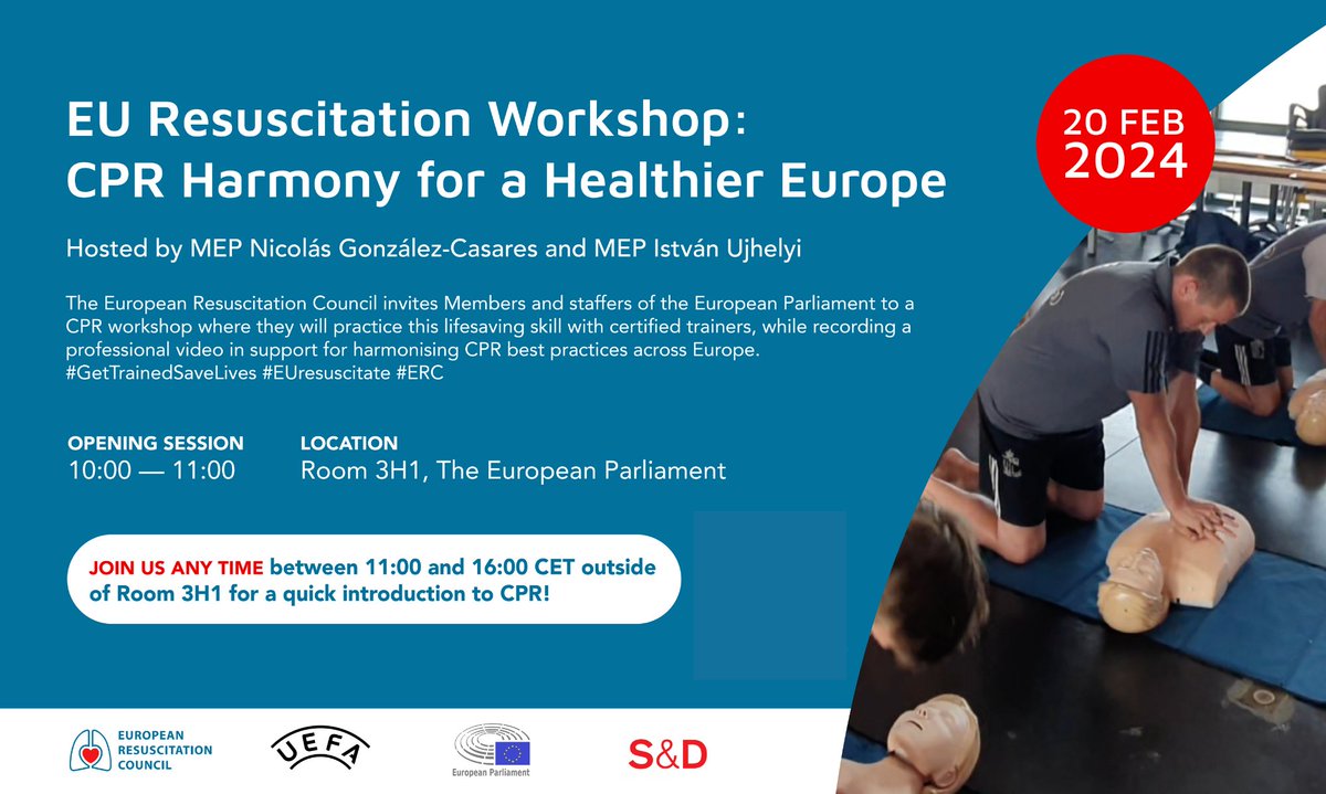 ERC - European Resuscitation Council (@erc_resus) on Twitter photo 🚨 ERC invites Members of the European Parliament and staffers to receive CPR training to promote CPR knowledge in Europe.
📢 MEP <a href="/nicogoncas/">Nicolás González Casares</a> and MEP <a href="/istvan_ujhelyi/">István Ujhelyi</a> are hosting 'The EU Resuscitate Workshop: CPR Harmony for a Healthier Europe', on 20 February, from 10:00-16:00 🚨 ERC invites Members of the European Parliament and staffers to receive CPR training to promote CPR knowledge in Europe.
📢 MEP <a href="/nicogoncas/">Nicolás González Casares</a> and MEP <a href="/istvan_ujhelyi/">István Ujhelyi</a> are hosting 'The EU Resuscitate Workshop: CPR Harmony for a Healthier Europe', on 20 February, from 10:00-16:00