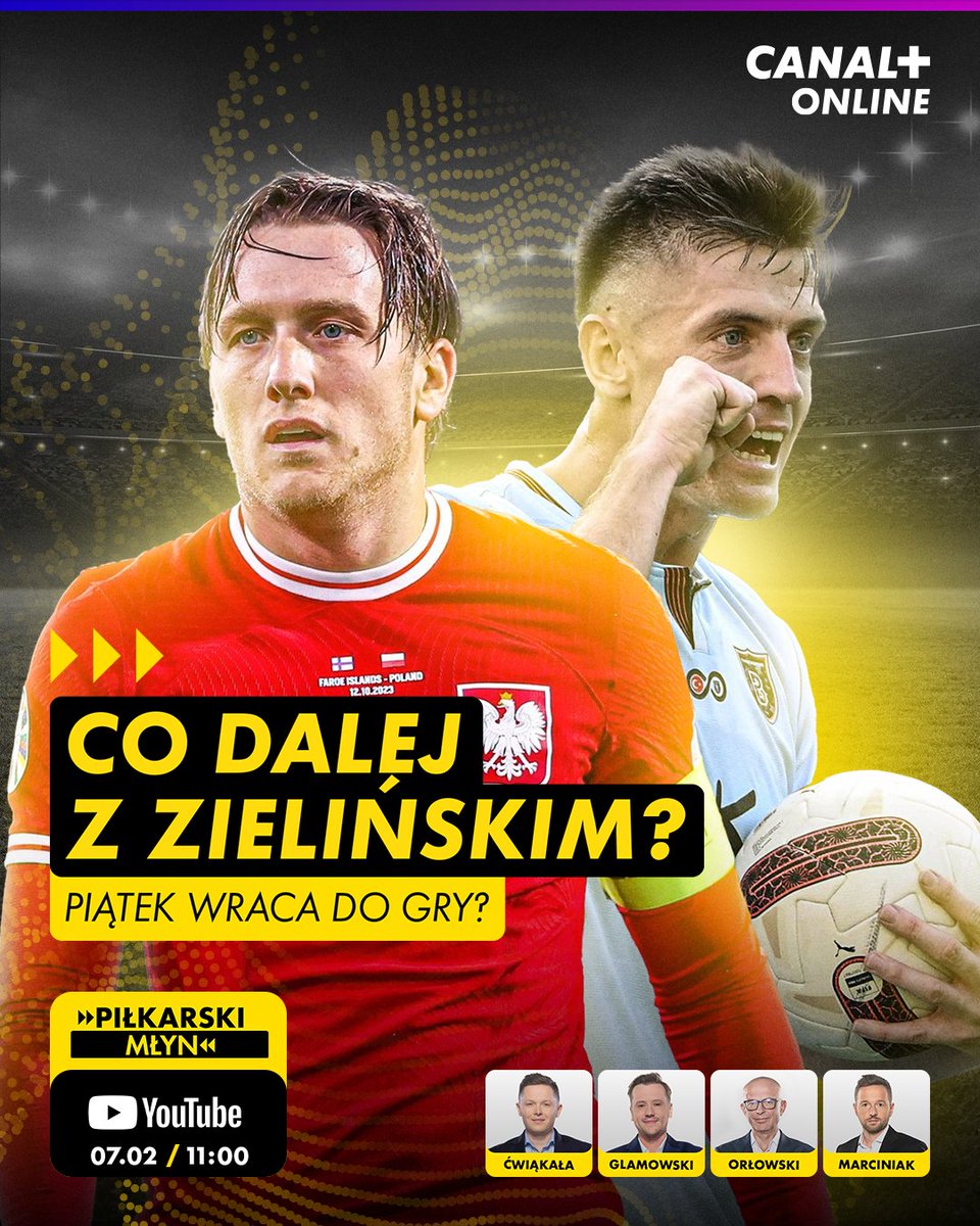 CANAL+ SPORT (@canalplus_sport) on Twitter photo Zamieszanie wokół Piotra Zielińskiego trwa, Krzysztof Piątek nie przestaje strzelać, w Piłkarskim Młynie mocno przyjrzymy się dziś sytuacji we Włoszech! ⚽
👉 <a href="/cwiakala/">Tomasz Cwiakala</a>, <a href="/p_glamo/">Piotr Glamowski</a>, <a href="/Leszek_Orlowski/">Leszek Orłowski</a>, <a href="/Marciniak_k/">Krzysztof Marciniak</a>
📺 Startujemy już o 11:00 na naszym YouTube! Zamieszanie wokół Piotra Zielińskiego trwa, Krzysztof Piątek nie przestaje strzelać, w Piłkarskim Młynie mocno przyjrzymy się dziś sytuacji we Włoszech! ⚽
👉 <a href="/cwiakala/">Tomasz Cwiakala</a>, <a href="/p_glamo/">Piotr Glamowski</a>, <a href="/Leszek_Orlowski/">Leszek Orłowski</a>, <a href="/Marciniak_k/">Krzysztof Marciniak</a>
📺 Startujemy już o 11:00 na naszym YouTube!