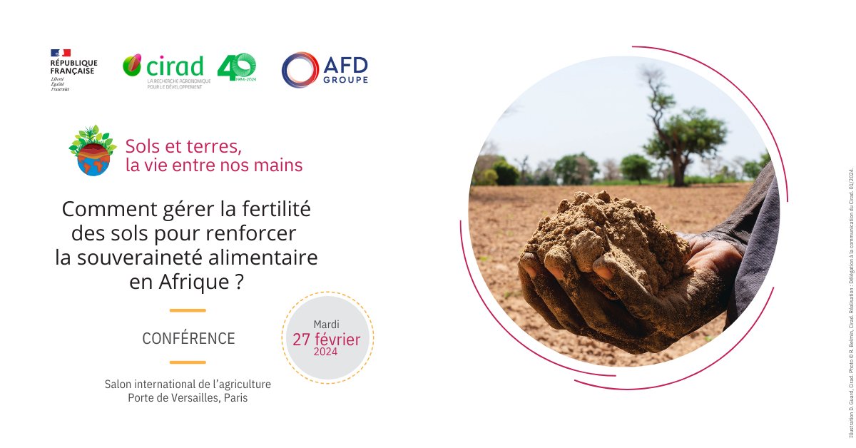 #SIA2024 | A l'occasion du @Salondelagri, participez à la conférence 'Comment gérer la fertilité des sols pour renforcer la souveraineté alimentaire en Afrique ?', organisée par le #Cirad et l'@AFD_France. 🗓️ 27.02.2024 🕞 15:30 📌 Hall 1 - Espace 2000 👉cirad.fr/les-actualites…