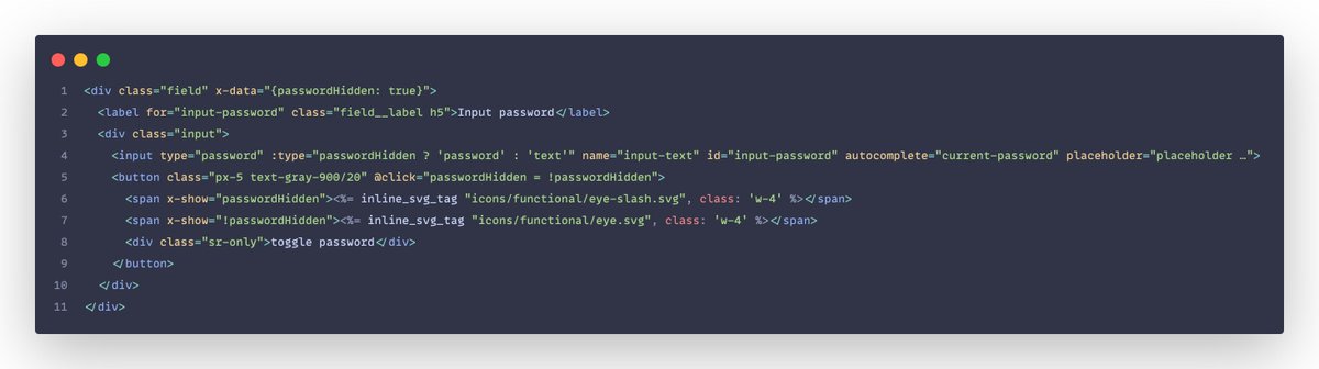 I love how simple it is to make a hide / show password toggle with @Alpine_JS