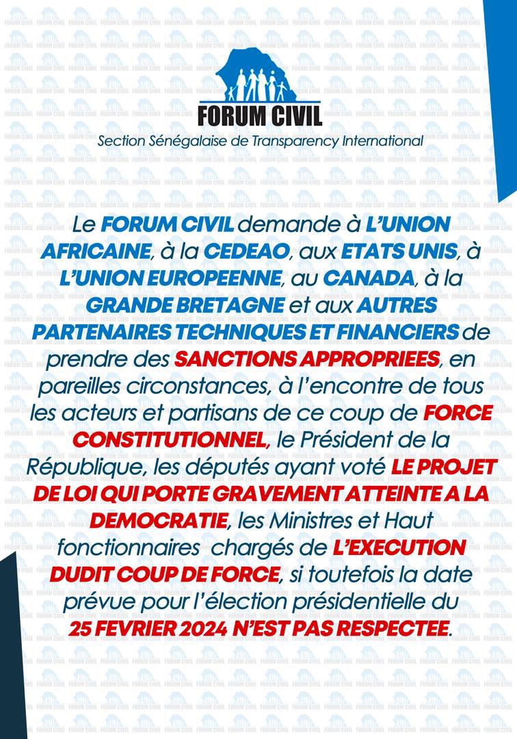 publiforumcivil's tweet photo. Le Forum Civil ne participera pas au nouveau Dialogue annoncé par le Chef de L’Etat.
#SunuElection2024 
#senegal 
#forumcivil
@BirahimeSeck https://t.co/pNghGhPRFd