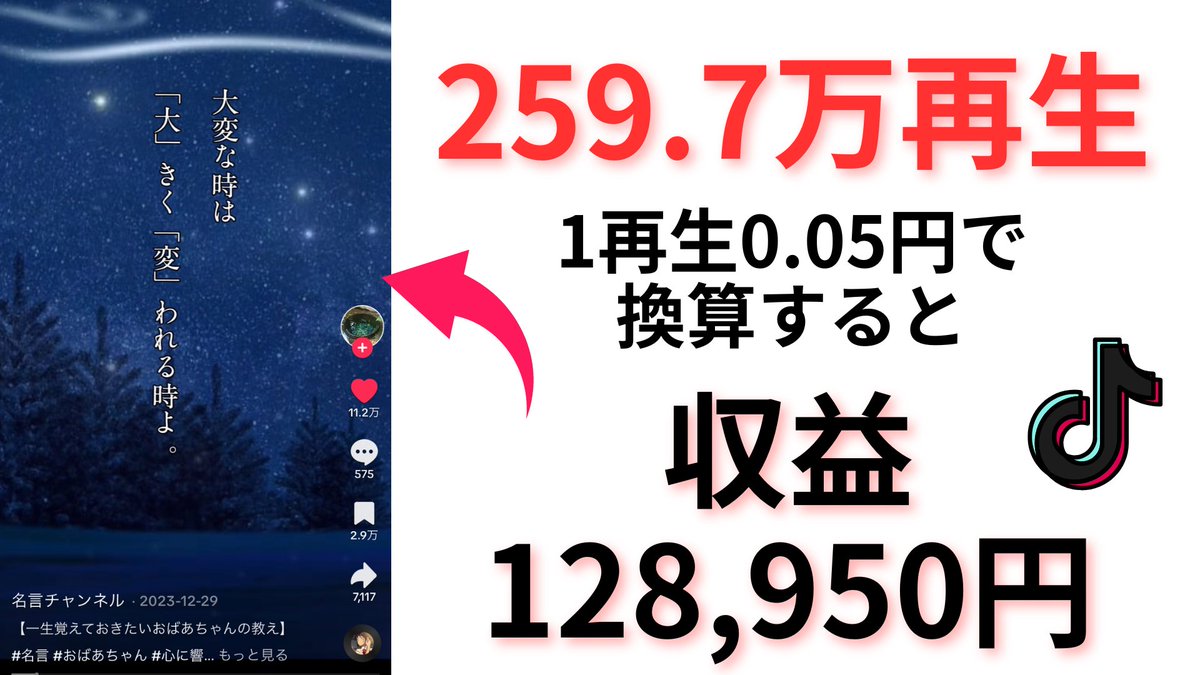 naoto_jarvis's tweet photo. ※YouTube時代終了のお知らせ
【月20万円】稼ぐなら広告収益がアツいTikTok一択

1⃣30億で世界最高DL数を記録
2⃣利用者の平均年齢が34歳→広告出稿増加
3⃣YouTubeと同様の収益化システム導入
4⃣AI生成で20万円超の収益可能(※プレゼント有)

とあるジャンルの動画がコスパ最強。
そのジャンルとAIの自動化方法が
こちらの画像を見て下さい。
登録者2.2万人のアカウントで259万再生。
1再生0.05円で計算すると
128,950円の広告収益が発生しています。

「え、TikTokって稼げたの!?!?!?!?!?」

そう思った方も多いと思います。
結論、稼げます。

TikTokでは現在
「TikTok Creativity Program Beta」
という収益化できる仕組みが存在します。

こちらの収益化条件が

・フォロワーが1万人以上
・直近での動画再生回数が10万回以上
・18歳以上であること

皆さん、難しそうと感じました？
それとも簡単だと感じました？

YouTube・TikTokを4年間運用代行してきた
あくまで、僕の感覚ですが

「TikTokの1万人＝YouTubeの1000人」です。

再生数もショート動画なので稼ぎやすく
正直、かなり穴場です。

広告収益の基準ですが
1再生あたり、0.02~0.05円です。

YouTubeは基本10分以上の尺で
1再生0.5円なので、かなり妥当な数字。

要するに、YouTubeと遜色ない報酬体系です。

さらに、TikTokはショート動画なので
作る手間が少なく、仕組みとしても参入しやすい。

「TikTokの仕組みが良いってどうこっちゃねん!!!!」

→端的に言うと、プッシュのメディアだから。

・YouTube→プルのメディア
・TikTok→プッシュのメディア

どういうことかと言うと

YouTubeは運用初期に
「おすすめ」や関連動画に出すことが難しい。

しかし、TikTokは初期から1度はおすすめに載る。

専門的な話をすると
「検索流入」を意識して作成しなくて良い
という、大きなメリットがあります。

さらに...!!
YouTubeにはない、ボーナス報酬の記載も!!
これは、アツい。。

・TikTokがYouTubeのように稼げる
・仕組みも簡単
「だけど、何投稿すれば良いんだよ!!」

それが
1⃣モチベーションが上がる言葉
2⃣雑学
3⃣世界の面白いエピソード

これらの動画は
いいね・保存・共有がされやすい。
(つまり再生も伸びやすい)
穴場なので、ぜひチャレンジしてみて。

ちなみに、僕はIQテストのアカウントで
20日間くらいで6000フォロワーいきました。
まじで、簡単。。

さらに、これって自分で考える必要がなく
動画も凝った編集など不要。

つまり...??

AIで自動化できます。

今回は上記の3つの中でも特に手間のかかる
世界の面白いエピソードなどを
自動で作成できるツール(GPTs)をプレゼント!!

テーマさえ入力すれば、台本が30本分
作成することができます!!

今回のプレゼントも超時間かけて作りました。。。
相変わらず、超優秀な自動化できます。笑

【プレゼント受け取り方法】

①このアカウントをフォロー
②このツイートをいいね
③よく使うSNSをリプライ(気になる...笑)
④引用で感想教えて!!(次も頑張れる...)
④このツイートのリンクをコピー
⑤下記のリンクをクリックして
このツイートのリンクを送信(奥山から渡します)
↑
判別のために、必ずお願いいたします!!🙇‍♂️

https://t.co/5JQfhkyByG