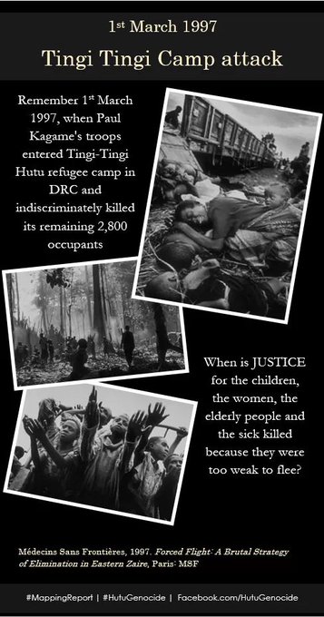 dzaneza's tweet image. 🕯️#WeRemember 1st March, 1997:
The Tingi-Tingi massacre.

In #DRC, @PaulKagame’s army (RPA)  slaughtered thousands of Hutu refugees including children, women &amp;amp; sick people who could not flee.

Details:
hutugenocide.org/tingi-tingi-re…

#MappingReport #Rwanda #HutuGenocide #Genocide