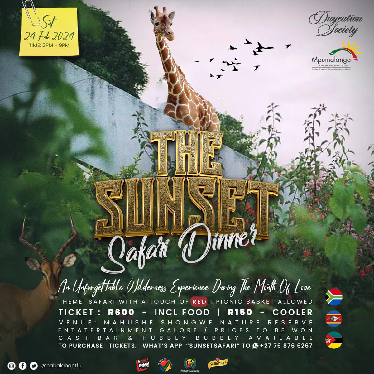The Daycation Society in association with MTPA and Ligwalagwala FM present ….

“The Sunset Safari Dinner - Month of love edition”

#DiscoverMpumalanga #LFM #LoveRocks #NkomaziTourism
#TheNabaWay