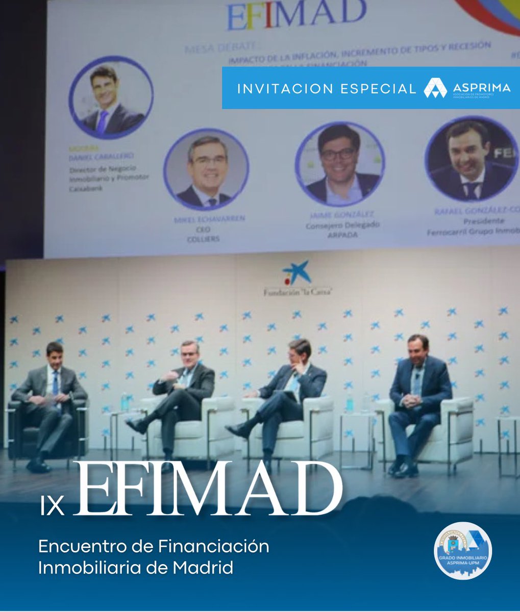 Estamos en #EFIMAD, el mayor evento de Finanzas Inmobiliarias en España. 

Gracias a la invitación de ASPRIMA, los estudiantes de Grado Inmobiliario podrán adentrarse en el mundo de la #financiacióninmobiliaria, de la mano de referentes del sector inmobiliario.